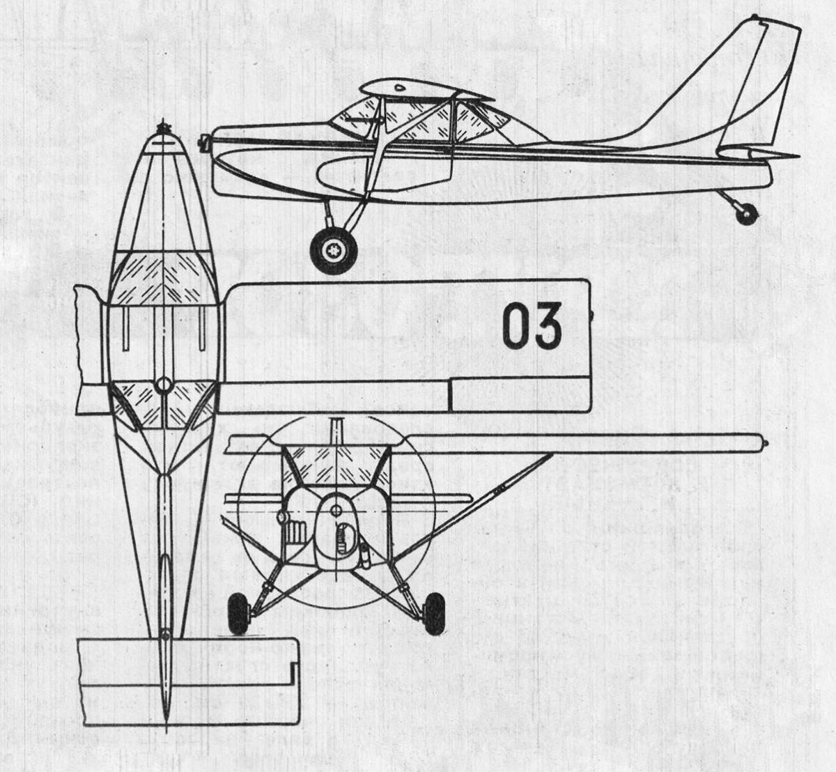 Легкий самолет «Горизонт» в трех проекциях